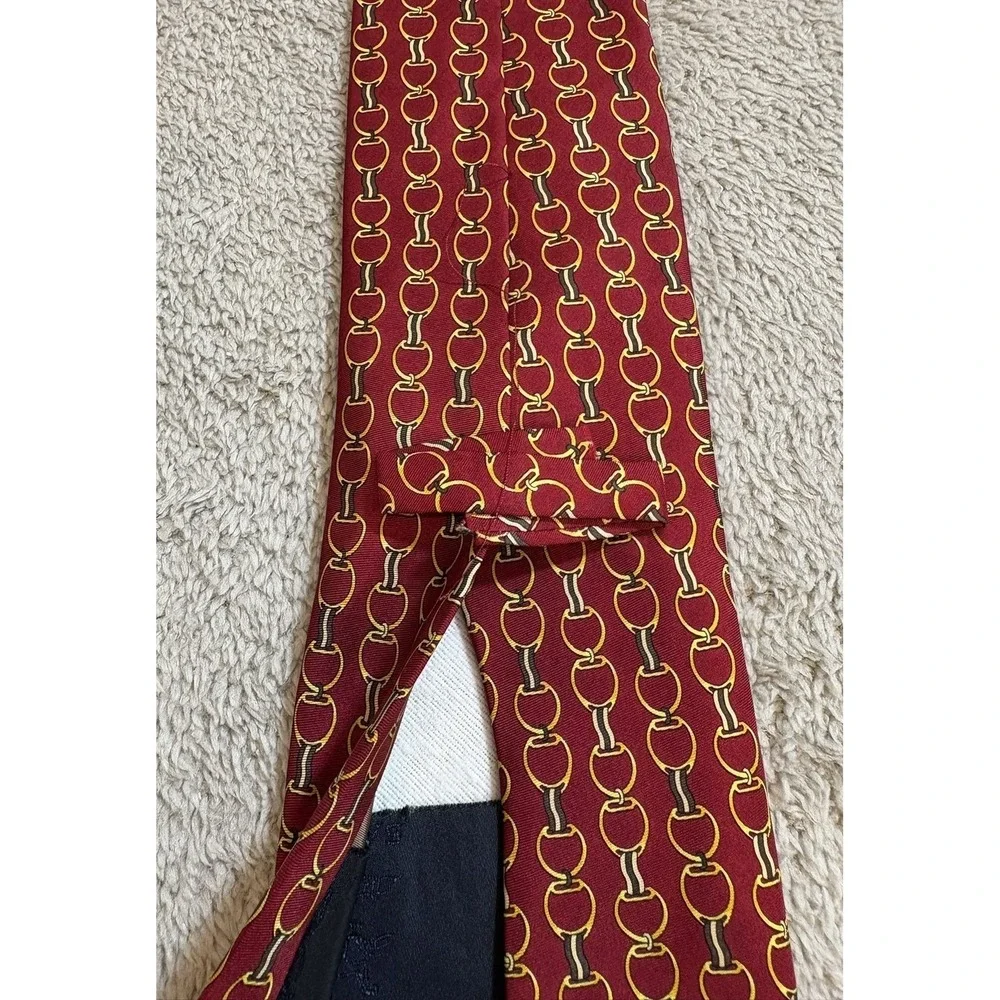 Vintage Burberry's Silk Tie Red‎ Gold Equestrian Horsebit Chain Made in England
